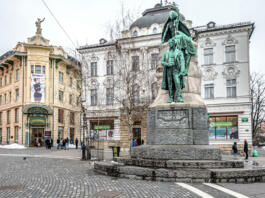 Ljubljana, Slovenia - February 06, 2018: Preseren Monument  view from the street