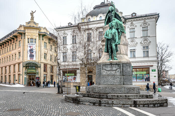 Ljubljana, Slovenia - February 06, 2018: Preseren Monument view from the street