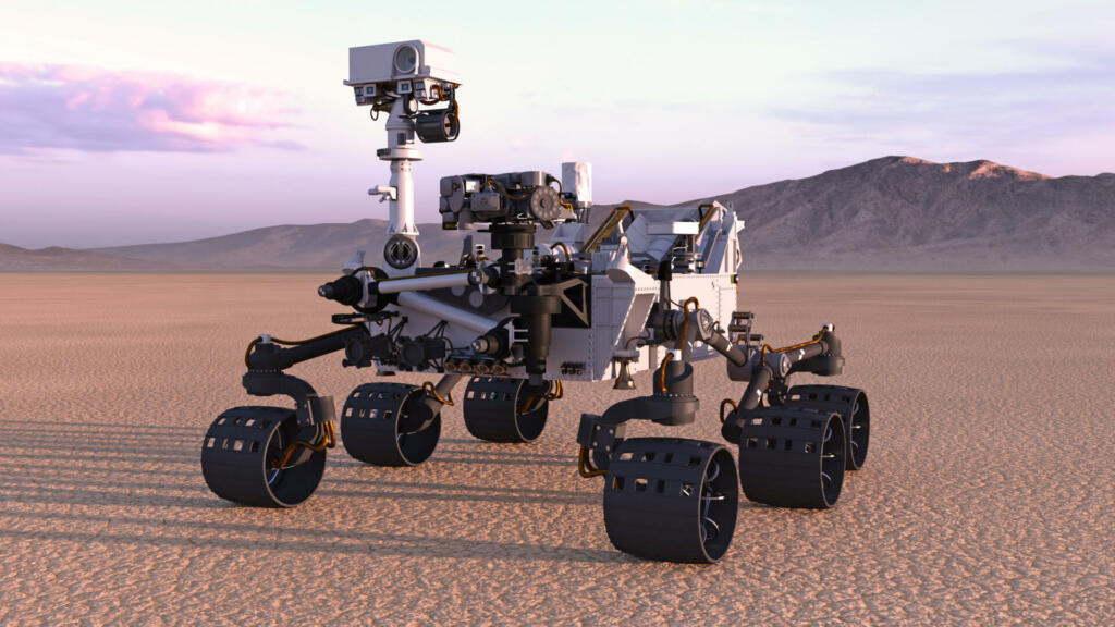 Mars Rover, robotic space autonomous vehicle on a deserted planet with mountains in background, 3D rendering