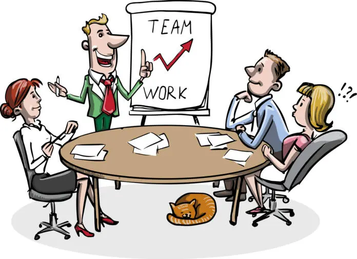 Risba zaposlenih v pisarni, ki gledajo predstavitev z napisom Team work