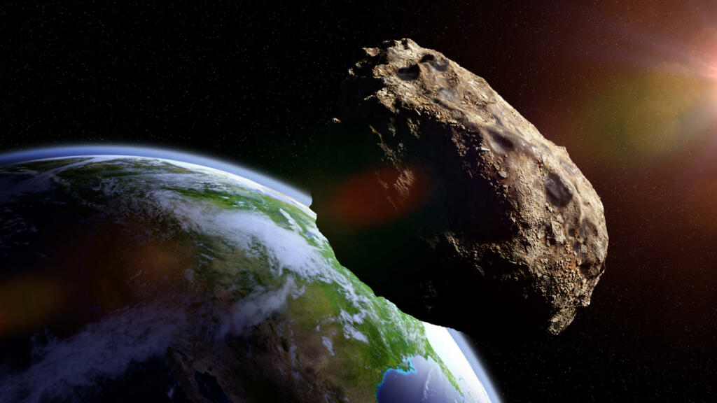 meteorite from outer space, falling toward planet Earth, dramatic science fiction scene