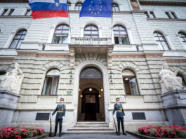 Picture of slovenian soldiers member of the presidential guard in uniform, in front of the presidential palace of the slovenian president in ljubljana. The Slovenian Guards Unit is the official ceremonial honor guard unit of the President of Slovenia. Officially referred as the Guard of the Slovenian Armed Forces (astna garda Slovenske vojske) by SV members, the guard is a unit of the SV, consisting of the General Staff of the SV. The guard carries out many tasks of insuring that protocol in the SV is ensured. The office of president of Slovenia, officially President of the Republic of Slovenia was established on 23 December 1991 when the National Assembly passed a new Constitution as a result of independence from the Socialist Federal Republic of Yugoslavia. According to the Constitution, the president is the highest representative of the state. In practice, the position is mostly ceremonial. Among other things, the president is also the commander-in-chief of the Slovenian Armed Forces. The office of the president is the Presidential Palace in Ljubljana. The president is directly elected by universal adult suffrage for a term of five years. Any Slovenian citizen can run for President, but can hold only two consecutive terms in office.The president has no legally guaranteed immunity and may be impeached.