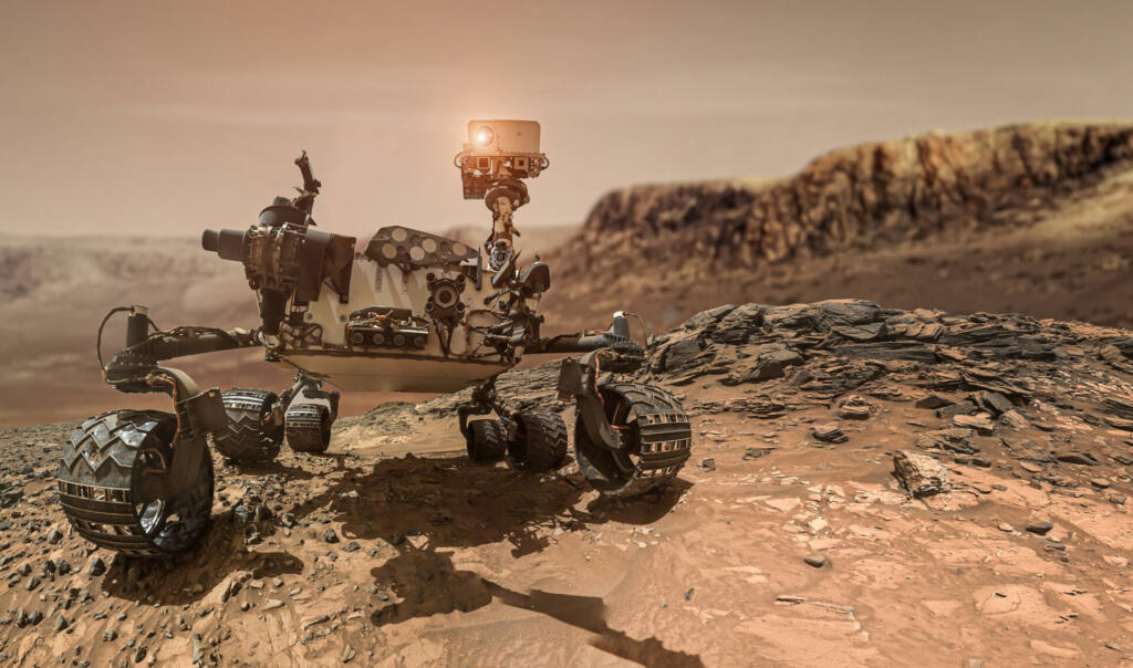 Rover on Mars surface. Exploration of red planet. Space station expedition. Perseverance. Expedition of Curiosity. Elements of this image furnished by NASA (url:https://www.nasa.gov/sites/default/files/styles/full_width_feature/public/thumbnails/image/pia19808-main_tight_crop-monday.jpg)