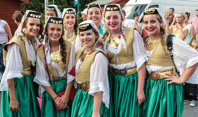 Sarajevo, Bosnia and Herzegovina - July 28, 2015: USA folklore ensemble KUD Derdan perform live at Trg djece Sarajeva