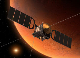 Japonska odobrila prvo povratno misijo na Mars Spacecraft "Mars Express" Orbiting Mars. 3D Scene. Elements of this image furnished by NASA.