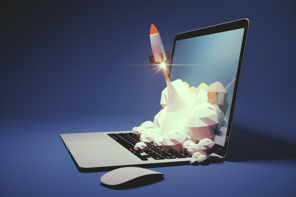 Startup concept with rocket flying out of laptop screen on blue background. Sideview, 3D Rendering