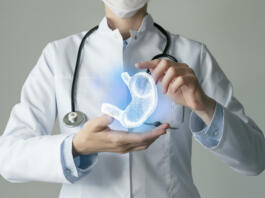 Stomach issues medical concept. Photo of female doctor, empty space.
