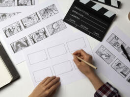 The artist draws a storyboard for the film. The director creates the storytelling by sketching footage of the script on paper.