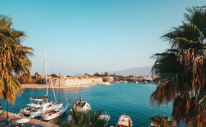 The capital of the island of Kos, Greece, view of the city and marina at sunset, a popular destination in Europe