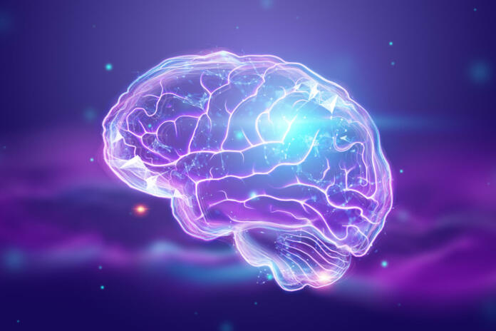The image of the human brain, a hologram, a dark background. The concept of artificial intelligence, neural networks, robotization, machine learning. 3D illustration, copy space.