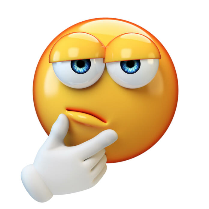 Thinking emoticon on white background, emoticon with thumb and index finger on its chin 3d rendering