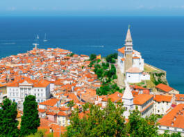 Travel to Slovenia. Cityscape of Piran with historic buildings and church. Adriatic sea in the background. Panoramic picture.