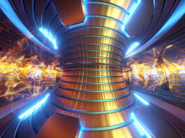 3D Render fusion reactor nuclear fusion, tokamak inside heated plasma, toroidal shape, clean energy. Copy space.