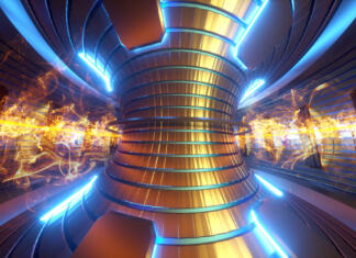 Umetno sonce na Kitajskem 3D Render fusion reactor nuclear fusion, tokamak inside heated plasma, toroidal shape, clean energy. Copy space.