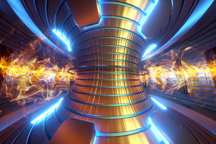 3D Render fusion reactor nuclear fusion, tokamak inside heated plasma, toroidal shape, clean energy. Copy space.