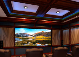 Domači kino: televizija ali projektor? 3D rendering of a home theater interior