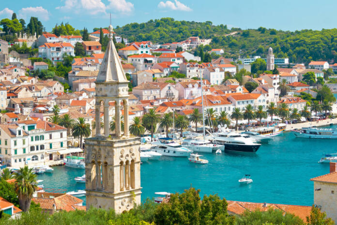 Amazing town of Hvar harbor aerial view, Dalmatia, croatia