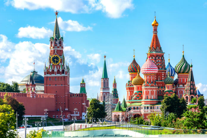 Cathedral of Vasily the Blessed (Saint Basil's Cathedral) and Spasskaya Tower on Red Square, Moscow, Russia