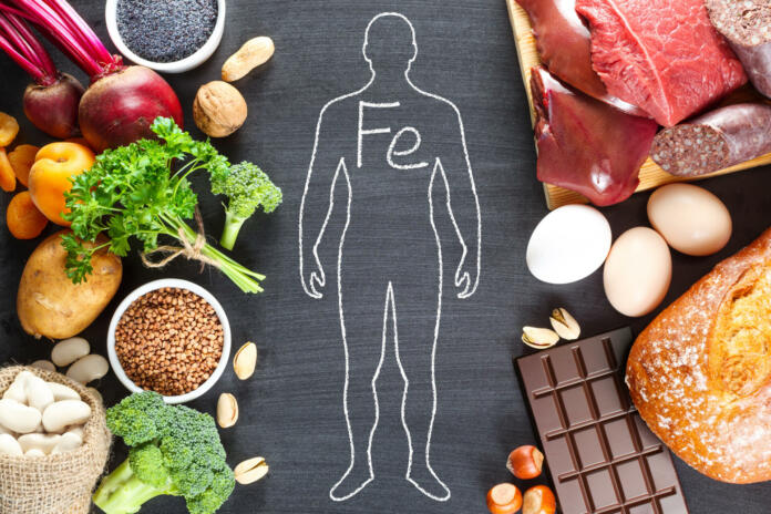 Collection iron ( Fe ) rich foods as liver, beef, blood sausage, eggs, rye bread, dark chocolate, parsley leaves, dried apricots, bean, blue poppy seed, broccoli, beetroot, potatoes, nuts and pistachios. Heme Iron and Non-Heme Iron in Food.