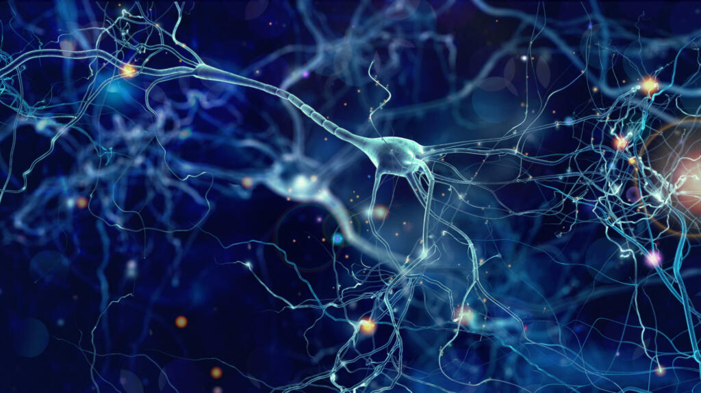 Conceptual illustration of neuron cells with glowing link knots in abstract dark space, high resolution 3D illustration