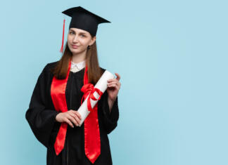 Razmišljate o doktorskem študiju? Joy Female Graduate Wearing Ceremony Robe and Graduation Cap Holding Certificate tied with Red Ribbon on Blue Background. Student Girl Celebrating Graduation and Getting Diploma. Degree Paper