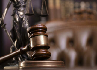 Slovenija bo morala kirurgu Dolencu plačati odškodnino Judge’s gavel, Themis sculpture and collection of legal books on the brown background.