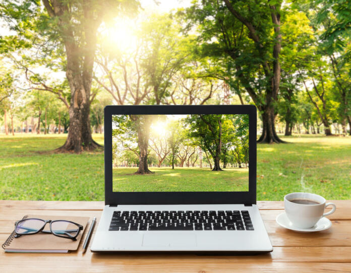 laptop computer and coffee on wood workspace and park background