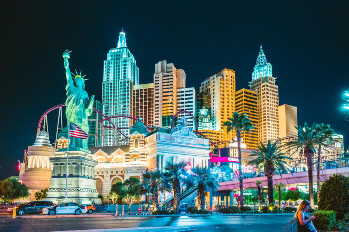 LAS VEGAS, USA - September 20, 2016: Colorful Downtown Las Vegas with world famous Strip and New York New York hotel and casino complex illuminated beautifully at night, Nevada, USA