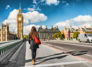 Najlepše četrti Londona London city urban lifestyle tourist woman walking. Businesswoman commuting going to work on Westminster bridge street early morning. Europe travel destination, England, Great Britain, UK.