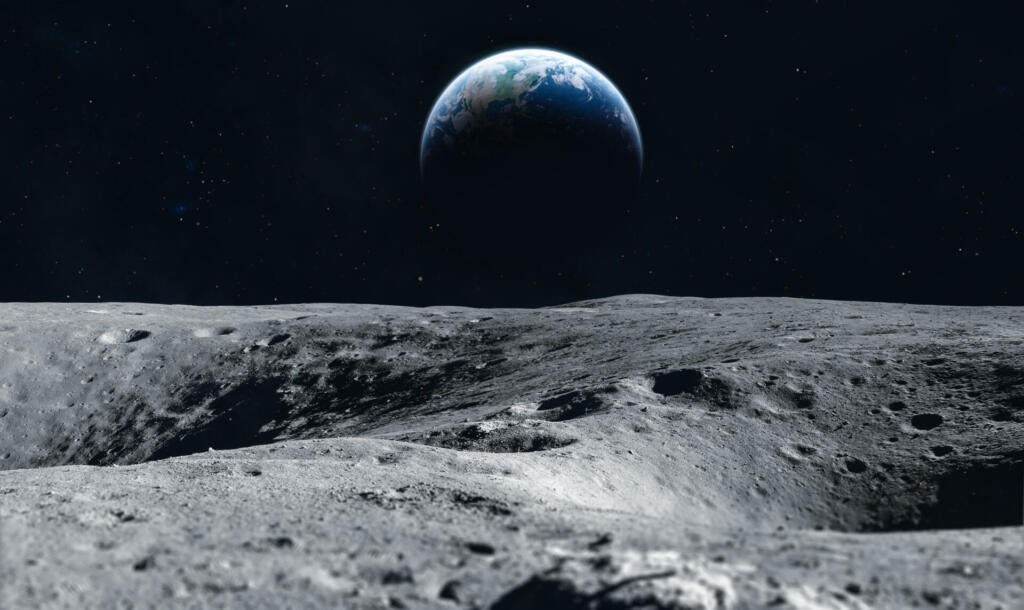 Moon surface and Earth on the horizon. Space art fantasy. Black and white. Elements of this image furnished by NASA (url:https://earthobservatory.nasa.gov/blogs/elegantfigures/wp-content/uploads/sites/4/2011/10/land_shallow_topo_2011_8192.jpg https://www.nasa.gov/sites/default/files/styles/full_width_feature/public/thumbnails/image/as11-40-5944.jpg)