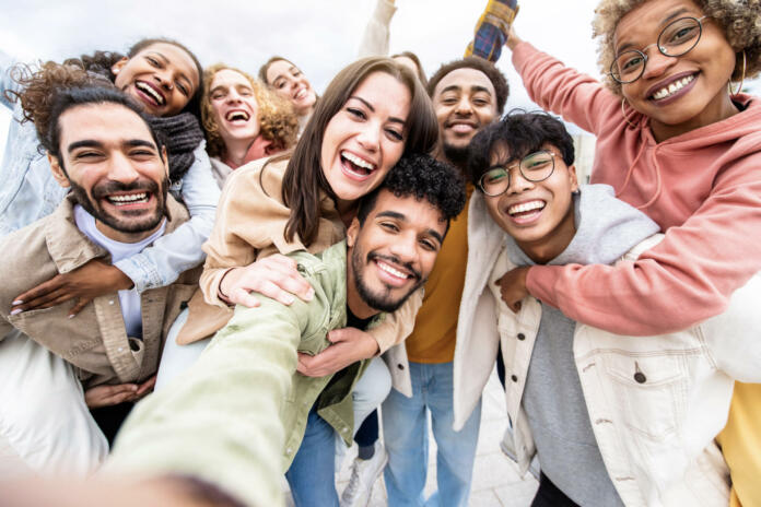 Multiracial friends group taking selfie portrait outside - Happy multi cultural people smiling at camera - Human resources, college students, friendship and community concept