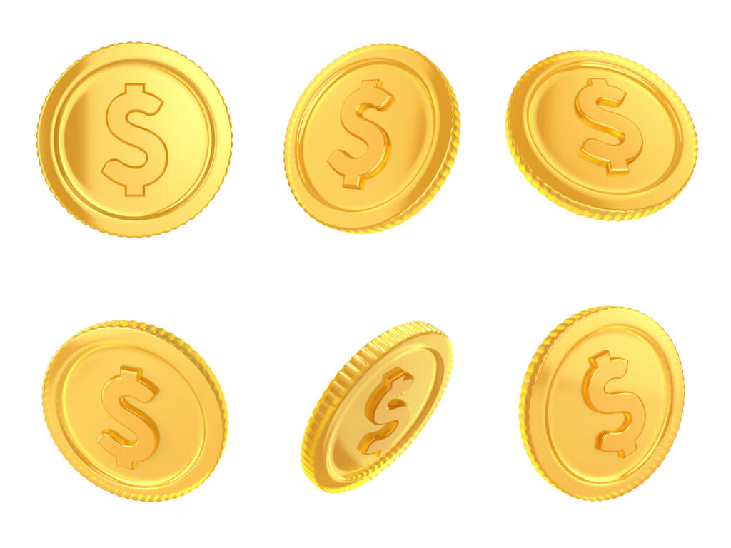 Set of glass gold coins on a white isolated background. 3d render illustration