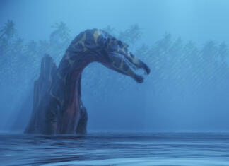 Izjemno odkritje dinozavra, ki je plaval in lovil v vodi Spinosaurus in the lake . This is a 3d render illustration.