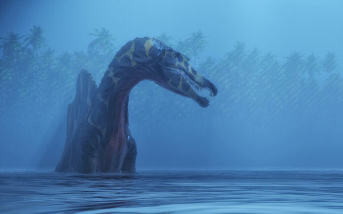 Spinosaurus in the lake . This is a 3d render illustration.