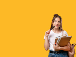 Think idea. Student lifestyle. Puzzled woman with notebooks and backpack isolated on orange copy space. Doubt face. New project. Advertising background
