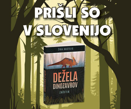 Oglas z naslovnico knjige in napisom Prišli so v Slovenijo. v ozadju slika gozda