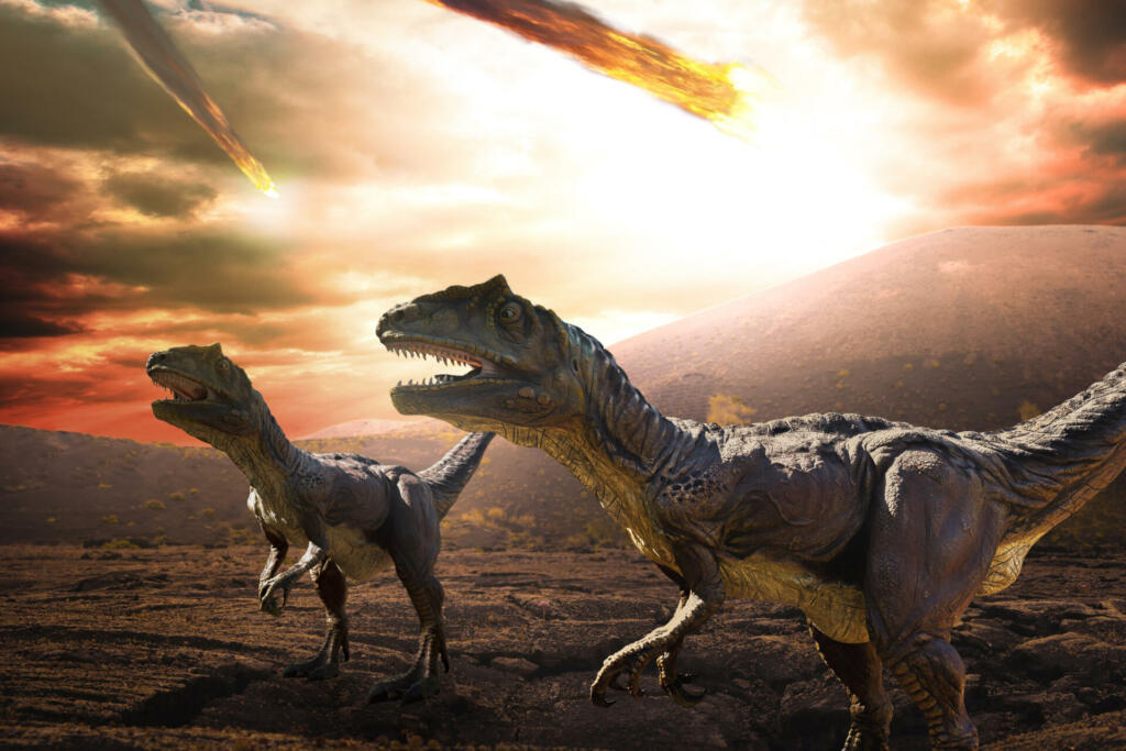 asteroid falling from the sky during dinosaurs apocalypse and extinction day
