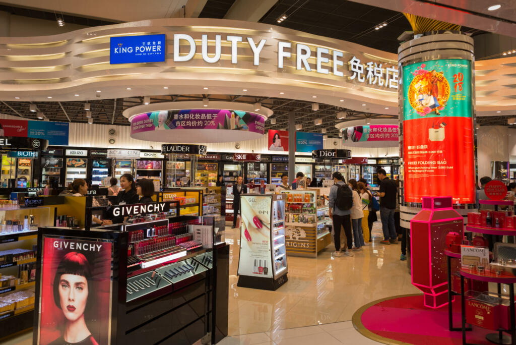 Bangkok, Thailand - January 27, 2018: Duty free shop that sells cosmetics of the famous brands at Don Mueang International Airport. It is written "Duty free" in English and Chinese on the signboard.