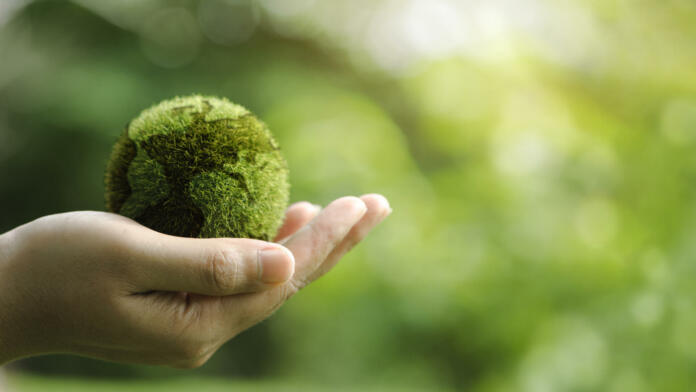 Close up of hands holding the earth on a green background. protect nature. Save Earth. concept of the environment World Earth Day