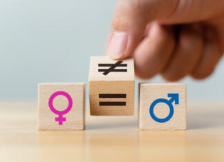Je v Sloveniji več moških ali žensk? Concepts of gender equality. Hand flip wooden cube with symbol unequal change to equal sign