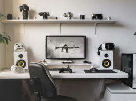 General view home workplace of gamer with computer and white controller gamepad. White-yellow-green color interior for gaming, online game playing.