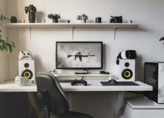 Še zadnji trenutek je za izkoriščenje digitalnih bonov General view home workplace of gamer with computer and white controller gamepad. White-yellow-green color interior for gaming, online game playing.