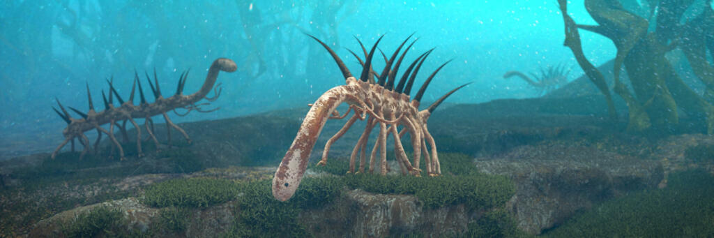 paleoart panorama image, early under water life forms