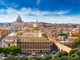 Panoramic view of Rome and Basilica of St. Peter in a summer day in Vatican