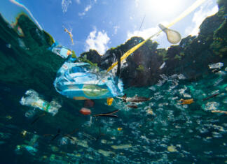 Otok smeti v velikosti treh Francij Plastic debris floating on the ocean surface, shot underwater.