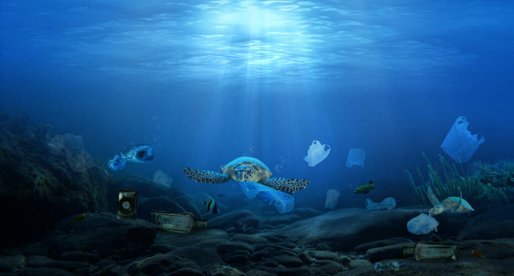 Plastic pollution in ocean , plastic bags in the depths of the ocean