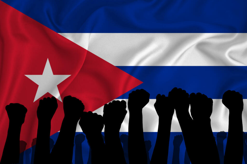 Silhouette of raised arms and clenched fists on the background of the flag of cuba. The concept of power, conflict. With place for your text. 3D rendering