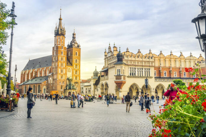 St. Mary's church and Cloth's Hall on Market Square of Krakow, Poland