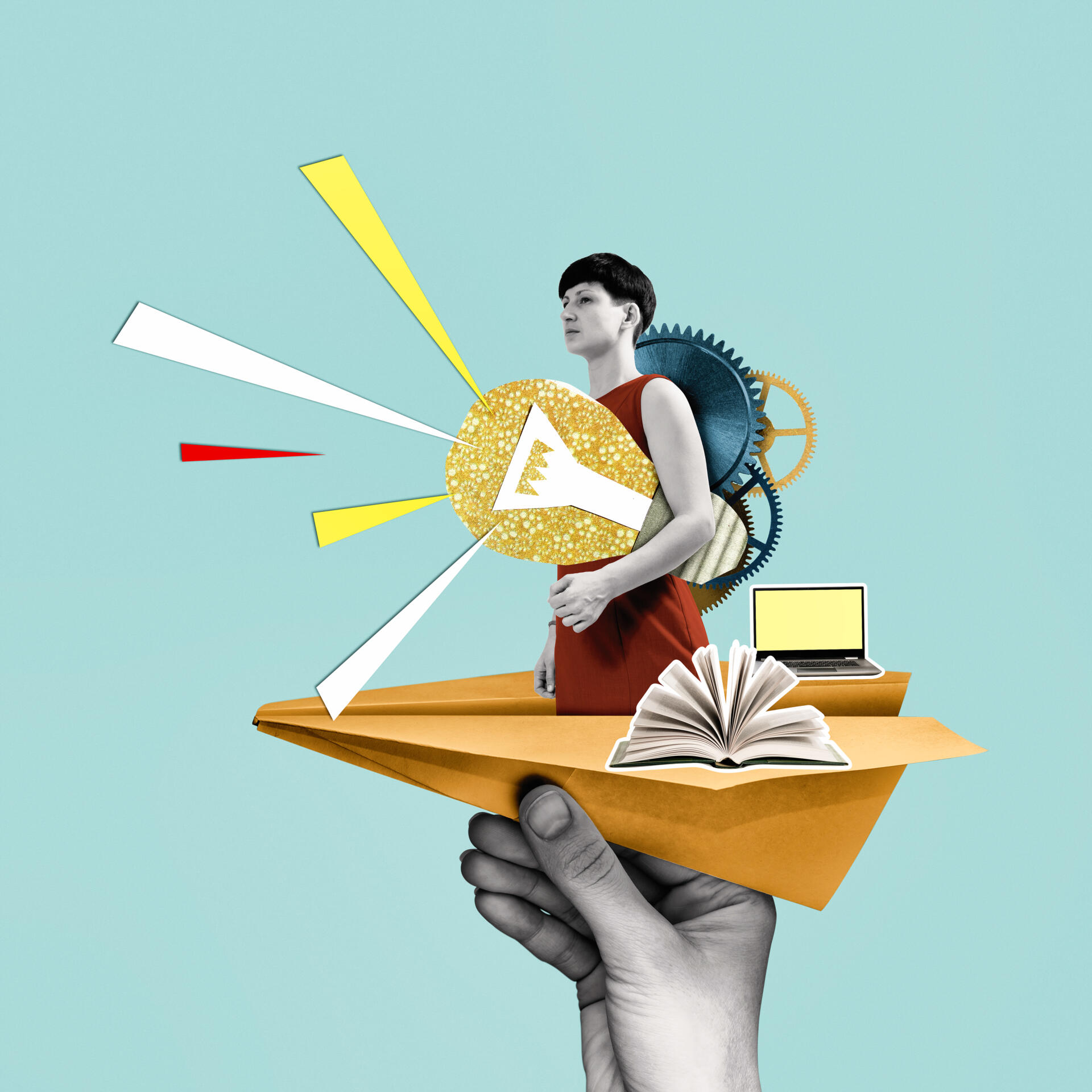 Woman with a light bulb in a paper airplane. Creativity and uniqueness in business and education. Art collage.