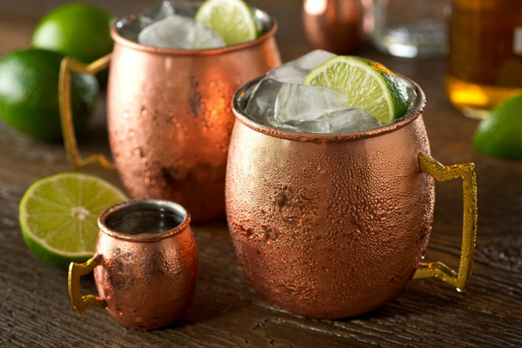 A delicious moscow mule cocktail with vodka, ginger beer, lime juice and ice.